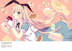 Rule 34 | 1girl, alice (alice in wonderland), alice in wonderland, apple, blonde hair, blue eyes, cake, checkerboard cookie, cookie, cover, cover page, doughnut, dress, food, fruit, gloves, hairband, holding, long hair, looking at viewer, macaron, ooba kagerou, pancake, pie, revision, solo, strawberry, white gloves