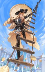 Rule 34 | 1girl, absurdres, armpits, bare shoulders, black footwear, black gloves, black headwear, blonde hair, blue eyes, blue sky, boots, cloud, coin, commentary, day, elbow gloves, genshin impact, gloves, grin, hat feather, highres, holding, holding umbrella, long hair, looking at viewer, mora (genshin impact), navia (genshin impact), outdoors, seorang, sky, smile, solo, thigh boots, umbrella, very long hair