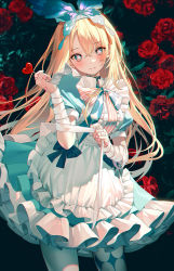 Rule 34 | 1girl, alice (alice in wonderland), alice in wonderland, apron, asymmetrical legwear, bandaged arm, bandages, bandaid, bandaid on hand, blonde hair, bow, bowtie, butterfly hair ornament, candy, dress, flower, food, frilled dress, frills, green bow, green bowtie, green dress, hair ornament, heart, heart-shaped pupils, heart-shaped lollipop, highres, holding, holding candy, holding food, holding lollipop, kinty, lollipop, long hair, looking at viewer, mismatched legwear, multicolored bowtie, pantyhose, puffy short sleeves, puffy sleeves, red flower, rose, shaped lollipop, short sleeves, solo, striped bow, striped bowtie, striped clothes, symbol-shaped pupils, white apron