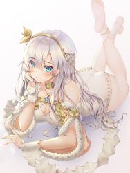 Rule 34 | 1girl, anastasia (fate), anklet, ass, bare legs, bare shoulders, barefoot, blue eyes, blush, breasts, cleavage, cleavage cutout, closed mouth, clothing cutout, collarbone, cross, detached sleeves, dress, earrings, eyebrows, eyes visible through hair, fate/grand order, fate (series), feet, feet up, full body, fur-trimmed sleeves, fur trim, gold trim, hair between eyes, hair ornament, hairband, head rest, highres, jewelry, large breasts, latin cross, leaf hair ornament, legs up, long hair, looking at viewer, lying, mellozzo, necklace, on stomach, parted bangs, sidelocks, silver hair, simple background, smile, soles, solo, strapless, strapless dress, the pose, thighs, toes, very long hair, white background, wrist cuffs