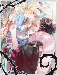 Rule 34 | 1boy, 1girl, age difference, animal ear fluff, animal ears, black footwear, black hair, black hairband, blindfold, blonde hair, blood, blood on hands, blue dress, blue sky, braid, cloud, cloudy sky, dress, fang, fingernails, frills, fur trim, hairband, highres, holding, lifting person, long hair, mik3d, open mouth, original, outdoors, outline, parted lips, red blindfold, red eyes, sky, teeth, tongue, tongue out, tree, white outline, wolf boy