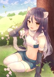 Rule 34 | 1girl, :d, animal ear fluff, animal ears, arm belt, bandeau, bare shoulders, black footwear, black gloves, black hair, blush, breasts, bush, capelet, cloud, cloudy sky, commentary request, day, elbow gloves, falling leaves, fence, fur capelet, gloves, grass, green skirt, highres, kono july, leaf, long hair, looking at viewer, medium breasts, midriff, miniskirt, multicolored hair, navel, open mouth, outdoors, princess connect!, shiori (princess connect!), sitting, skirt, sky, smile, solo, stomach, streaked hair, tail, thighhighs, tiger ears, tiger girl, tiger tail, tree, white hair, white thighhighs, yellow eyes, yokozuwari