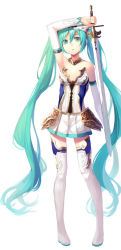 Rule 34 | 1girl, alexmaster, aqua eyes, aqua hair, arm on own head, arm up, armor, armored dress, armpits, bare shoulders, boots, breasts, detached sleeves, dress, faulds, full body, gem, hair between eyes, hair ribbon, hatsune miku, highres, hip armor, holding, holding sword, holding weapon, jewelry, legs apart, long hair, looking at viewer, necklace, parted lips, pigeon-toed, pleated dress, red gemstone, ribbon, shirt, simple background, small breasts, solo, standing, strapless, strapless dress, sword, thigh boots, thighhighs, twintails, very long hair, vocaloid, weapon, white background, white dress, white footwear, white shirt, zettai ryouiki