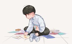 Rule 34 | 1boy, black hair, black pants, blunt bangs, closed mouth, collared shirt, commentary, crayon, drawing, english commentary, full body, grey background, grey shirt, highres, holding, holding crayon, indian style, kageyama shigeo, long sleeves, male focus, mob psycho 100, mp100days, pants, shadow, shirt, shoes, short hair, simple background, sitting, smile, sneakers, solo, white footwear