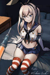 Rule 34 | 1girl, bed, black neckerchief, black panties, blue skirt, breasts, closed mouth, cosplay, crop top, eckert&amp;eich, elbow gloves, gloves, graf zeppelin (kancolle), grey hair, hairband, highleg, highleg panties, highres, kantai collection, large breasts, long hair, looking at viewer, neckerchief, panties, pleated skirt, sailor collar, shimakaze (kancolle), shimakaze (kancolle) (cosplay), sitting, skirt, solo, striped clothes, striped thighhighs, syringe, thighhighs, twintails, twitter username, underwear, white gloves