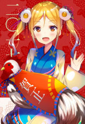 Rule 34 | 1girl, 2017, animal, animal on lap, bird, blonde hair, blue kimono, blush, breasts, brown eyes, chicken, chinese zodiac, egg hair ornament, floral background, food-themed hair ornament, hair ornament, hair ribbon, hand up, hanten (clothes), happy new year, highres, japanese clothes, kimono, large breasts, long hair, looking at viewer, nan (jyomyon), new year, on lap, open mouth, original, purple ribbon, red background, ribbon, rooster, sitting, smile, solo, translated, twintails, waving, wavy hair, year of the rooster