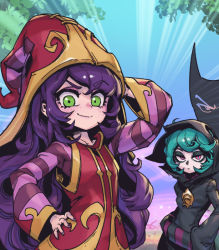 Rule 34 | 2girls, alternate ears, arm up, black hoodie, black nails, breasts, closed mouth, commentary, dress, freckles, green eyes, green hair, hand on own hip, hat, hood, hood up, hoodie, humanization, large hat, league of legends, long hair, long sleeves, looking at viewer, lulu (league of legends), multicolored background, multiple girls, nail polish, phantom ix row, pink eyes, purple hair, red dress, red headwear, red sleeves, short hair, small breasts, smile, striped sleeves, swept bangs, symbol-only commentary, vex (league of legends), vex shadow (league of legends), wide sleeves, witch hat