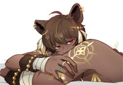 Rule 34 | 1boy, ahoge, animal ears, arm wrap, brown hair, commentary request, dark-skinned male, dark skin, dog boy, dog ears, feather hair ornament, feathers, gold, hair ornament, highres, jewelry, looking at viewer, lying, mahjong soul, male focus, medium bangs, meg (user xszk7724), musa (mahjong soul), on stomach, red eyes, ring, short hair, shoulder tattoo, simple background, solo, tattoo, upper body, white background