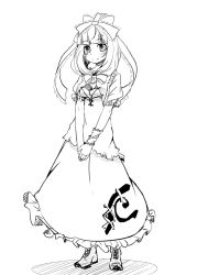 Rule 34 | 1girl, arm ribbon, boots, bow, dress, female focus, frills, front ponytail, full body, greyscale, hair bow, hair ornament, hair ribbon, hakano shinshi, kagiyama hina, long hair, looking at viewer, monochrome, ribbon, shadow, short sleeves, simple background, smile, solo, standing, touhou, v arms, white background