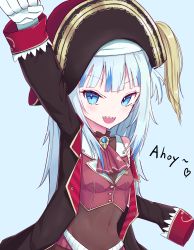 Rule 34 | 1girl, :d, arm up, ascot, bicorne, black coat, blue eyes, blue hair, breasts, brooch, buttons, coat, cosplay, cropped jacket, gawr gura, gold trim, hat, highres, hikap, hololive, hololive english, houshou marine, houshou marine (1st costume), houshou marine (cosplay), jacket, jewelry, leotard, leotard under clothes, long hair, long sleeves, looking at viewer, multicolored hair, off shoulder, open mouth, pirate, red ascot, red jacket, see-through, see-through leotard, sharp teeth, silver hair, sleeveless, sleeveless jacket, small breasts, smile, solo, streaked hair, teeth, two side up, virtual youtuber