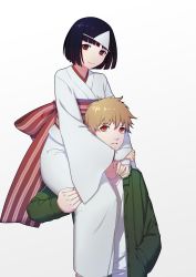 Rule 34 | 10s, 1boy, 1girl, arm around neck, black hair, blonde hair, blunt bangs, closed mouth, gloves, gradient background, green jacket, hand in pocket, hand on another&#039;s thigh, head tilt, highres, jacket, japanese clothes, kimono, looking at viewer, nora (noragami), noragami, obi, orange eyes, parted lips, red eyes, rekaerb maerd, sash, shirt, short hair, sitting on shoulder, smile, striped, t-shirt, triangular headpiece, yukine (noragami)