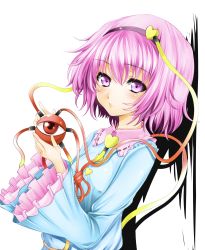 Rule 34 | 1girl, absurdres, bad id, bad pixiv id, blue shirt, blush, closed mouth, collared shirt, eyeball, frilled sleeves, frills, from side, hairband, heart, highres, holding, komeiji satori, long sleeves, looking at viewer, nakano maru, pink eyes, pink hair, red eyes, shirt, short hair, solo, third eye, touhou, upper body, white background, wide sleeves, wing collar
