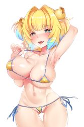 Rule 34 | + +, 1girl, absurdres, adjusting clothes, adjusting swimsuit, aqua hair, areola slip, arm up, armpits, bikini, blonde hair, blue eyes, bombergirl, breasts, cameltoe, collarbone, commentary request, covered erect nipples, fangs, gluteal fold, grenade hair ornament, hand fan, harigane shinshi, highres, large breasts, micro bikini, multicolored hair, navel, open mouth, pine (bombergirl), shiny skin, short hair, side-tie bikini bottom, simple background, smile, solo, swimsuit, symbol-shaped pupils, thigh gap, tongue, tongue out, two-tone hair, white background, yellow bikini, yellow pupils