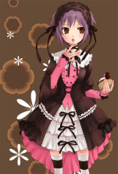 Rule 34 | 00s, 1girl, :p, bad id, bad pixiv id, black dress, black neckwear, black ribbon, brown background, brown eyes, buttons, cake, cowboy shot, double-breasted, dress, finger to mouth, food, frilled hairband, frilled shirt collar, frills, gothic lolita, hair ribbon, hairband, hijiki (hijikini), hijikini, holding, holding poke ball, layered dress, layered sleeves, lolita fashion, lolita hairband, long sleeves, looking to the side, nagato yuki, poke ball, purple hair, ribbon, ribbon trim, short hair, simple background, sleeves past wrists, solo, standing, striped clothes, striped thighhighs, suzumiya haruhi no yuuutsu, thighhighs, tongue, tongue out, wide sleeves, zettai ryouiki