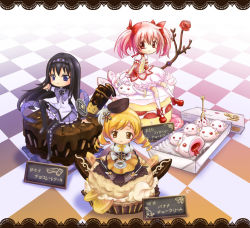Rule 34 | 10s, 3girls, :3, akemi homura, black hair, blonde hair, boots, bow (weapon), breasts, checkered floor, chibi, corset, cupcake, dress, drill hair, floor, flower, food, fork, hair ribbon, hairband, hm (hmongt), kaname madoka, kyubey, long hair, magical girl, mahou shoujo madoka magica, mahou shoujo madoka magica (anime), medium breasts, multiple girls, pantyhose, pink eyes, pink hair, pleated skirt, purple eyes, ribbon, rose, shirt, short twintails, sitting, skirt, taut clothes, taut shirt, thighhighs, tomoe mami, twintails, weapon, yellow eyes