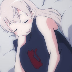 Rule 34 | 1girl, bare shoulders, bed, blonde hair, blush, eila ilmatar juutilainen, closed eyes, face, female focus, kuraya 7, long hair, lying, hugging object, open mouth, pillow, pillow hug, saliva, sleeping, solo, strike witches, world witches series