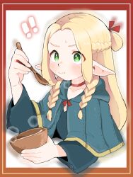 Rule 34 | !, !!, 1girl, blonde hair, blush, bowl, braid, capelet, dungeon meshi, eating, elf, green eyes, holding, holding bowl, holding spoon, long hair, marcille donato, nakajima lupus, pointy ears, solo, spoon, upper body