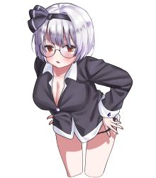 Rule 34 | 1girl, :o, adapted costume, bad id, bad pixiv id, black hairband, black pajamas, black panties, black ribbon, bob cut, breasts, cleavage, commentary request, commission, cowboy shot, cropped legs, eyelashes, glasses, hair ribbon, hairband, konpaku youmu, leaning forward, long sleeves, looking at viewer, medium breasts, no pants, open mouth, pajamas, panties, red-framed eyewear, red eyes, ribbon, round eyewear, short hair, silver hair, simple background, standing, taeminhyeon, touhou, underwear, undressing, white background