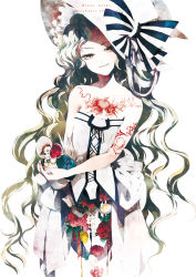 Rule 34 | 1girl, bare shoulders, bird, blonde hair, bonnet, bow, chicken, colored eyelashes, doll, dress, flower, french text, frills, hat, hat bow, kyachi, long hair, looking at viewer, orange eyes, original, pepepo, red eyes, rose, skeleton, sleeveless, sleeveless dress, smile, solo, tattoo, very long hair, white background, white theme, witch hat
