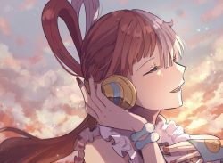 Rule 34 | 1girl, artist request, closed eyes, dress, fingernails, hand on own chest, headphones, highres, long hair, multicolored hair, one piece, red hair, sky, smile, upper body, uta (one piece), very long hair, white dress, white hair