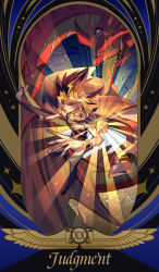 Rule 34 | 1boy, absurdres, big hair, blonde hair, bracelet, bright pupils, cape, chain, commentary, duel monster, glowing, highres, jewelry, judgement (tarot), looking at viewer, male focus, millennium puzzle, open mouth, osiris the sky dragon, pants, purple eyes, shirt, sleeveless, sleeveless shirt, sparkle, spiked hair, spread fingers, ssbaby, tarot, tarot (medium), teeth, tongue, white pupils, yami yugi, yu-gi-oh!, yu-gi-oh! duel monsters