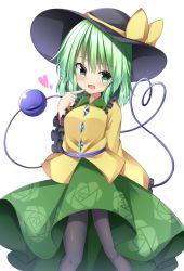 Rule 34 | 1girl, :d, black hat, black pantyhose, blouse, blush, bow, breasts, buttons, diamond button, eyeball, feet out of frame, finger to cheek, floral print, frilled shirt collar, frilled sleeves, frills, green eyes, green hair, green skirt, hand up, hat, hat bow, hat ribbon, highres, index finger raised, komeiji koishi, long sleeves, looking at viewer, medium breasts, medium hair, open mouth, pantyhose, ribbon, rose print, sabana, shirt, simple background, skirt, smile, solo, third eye, touhou, white background, wide sleeves, yellow bow, yellow ribbon, yellow shirt