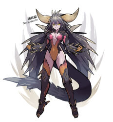 Rule 34 | 1girl, baniran dorosu, breasts, center opening, cleavage, dragon girl, dragon horns, dragon tail, folded wings, full body, highleg, highleg leotard, horns, leotard, long hair, looking at viewer, medium breasts, monster girl, monster hunter, monster hunter: world, monster hunter (series), nergigante, personification, solo, spiked tail, spiked wings, spikes, standing, tail, thighhighs, wings, yellow eyes