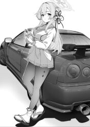 Rule 34 | 1girl, against vehicle, blue archive, blush, braid, braided bun, breasts, car, closed mouth, full body, greyscale, hair bun, hair ornament, halo, highres, holding, holding phone, jun project, large breasts, long hair, long sleeves, looking at viewer, mimori (blue archive), monochrome, motor vehicle, nissan, nissan skyline, nissan skyline r34, pantyhose, phone, sailor collar, single side bun, skirt, smile, solo, standing