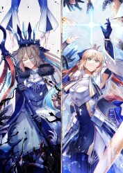 Rule 34 | 2girls, armor, armored dress, artoria caster (fate), artoria caster (second ascension) (fate), artoria caster (third ascension) (fate), artoria pendragon (fate), black fur, black gloves, black ribbon, blonde hair, blue hair, blue ribbon, blush, bracelet, breasts, cape, closed eyes, closed mouth, crown, diamond (shape), dress, elbow gloves, fate/grand order, fate (series), fujimaru ritsuka (female), gem, gloves, green eyes, habetrot (fate), hair ribbon, highres, jewelry, long dress, long fall boots, mash kyrielight, morgan le fay (fate), multicolored background, multicolored clothes, multicolored dress, multicolored hair, multiple girls, red hair, red ribbon, ribbon, small breasts, smile, staff, star (symbol), aesc (fate), veil, white cape, white dress, white fur, yamano udumi