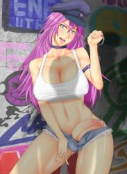 Rule 34 | 1girl, armband, bad id, bad pixiv id, bare shoulders, blue eyes, blush, breasts, capcom, choker, cleavage, cock ring, cuffs, cum, cumdrip, denim, denim shorts, final fight, flaccid, futanari, graffiti, handcuffs, hat, hip focus, huge breasts, large breasts, legs, long hair, midriff, no panties, open mouth, penis, poison (final fight), precum, purple hair, sex toy, shadow, shinku p, short shorts, shorts, solo, street fighter, tank top, testicles, thighs, uncensored, unzipped, wide hips