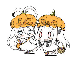 Rule 34 | 2girls, :d, abyssal ship, ahoge, bag, baku taso, basket, blue eyes, blush stickers, candy, chibi, colored skin, commentary request, dress, food, hair between eyes, halloween, holding hands, hat, holding, horns, jack-o&#039;-lantern, kantai collection, long hair, mittens, multiple girls, new submarine princess, northern ocean princess, open mouth, red eyes, shoulder bag, simple background, smile, white dress, white hair, white skin