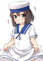 Rule 34 | 1girl, black hair, blue sailor collar, bob cut, clothes lift, comiching, commentary request, cowboy shot, daitou (kancolle), dress, dress lift, grin, hat, high ponytail, highres, kantai collection, lifted by self, meme, sailor collar, sailor dress, sailor hat, short hair, short sleeves, smile, solo, white dress, white hat, yajuu no gankou (meme)
