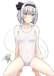 Rule 34 | 1girl, absurdres, black hairband, blue eyes, breasts, gachi mouchou, grey hair, hairband, highres, konpaku youmu, looking at viewer, medium breasts, one-piece swimsuit, short hair, signature, sketch, sleeveless, solo, squatting, swimsuit, touhou, white background, white one-piece swimsuit