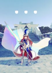Rule 34 | 1girl, absurdres, arknights, blouse, blue sky, boots, commentary, day, flag, highres, holding, holding flag, long sleeves, matsuoka (mtok 0), myrtle (arknights), myrtle (light gold celebration) (arknights), outdoors, shirt, skirt, sky, solo, stairs, standing, stone stairs, thighhighs, tokyo big sight, tree, white flag, white footwear, white headwear, white shirt, white skirt, white thighhighs