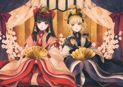 Rule 34 | 10s, 2014, 2girls, alternate costume, alternate hairstyle, alternate headwear, black hair, blonde hair, blue hair, bow, braid, cherry blossoms, chin strap, company name, crown, curtains, flower, folding fan, hair bow, hair ornament, hair ribbon, hair tubes, hakurei reimu, hand fan, hina ningyou, hinamatsuri, japanese clothes, kimono, kirisame marisa, letterboxed, long hair, long sleeves, looking at viewer, mochinue, multiple girls, parted lips, red eyes, ribbon, scan, scan artifacts, side braid, single braid, sitting, smile, touhou, vest, wide sleeves, yellow eyes