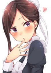 Rule 34 | 1girl, alternate costume, apron, blush, brown hair, dorothy (princess principal), enmaided, frilled apron, frills, from side, hair bun, head tilt, heart, long sleeves, looking at viewer, maid, parted lips, princess principal, puffy sleeves, purple eyes, short hair with long locks, single hair bun, sk02, solo, upper body, white apron, white background