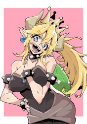 Rule 34 | 1girl, armlet, bare shoulders, black dress, black nails, blonde hair, blue eyes, bowsette, bracelet, collar, commentary request, crown, dress, earrings, fingernails, hand on own hip, head tilt, hirakata masahiro, impossible clothes, impossible dress, jewelry, mario (series), nail polish, new super mario bros. u deluxe, nintendo, open mouth, pointy ears, ponytail, sharp fingernails, sharp teeth, solo, spiked bracelet, spiked collar, spiked shell, spikes, strapless, strapless dress, super crown, teeth, turtle shell