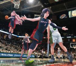 Rule 34 | 2boys, 5girls, absurdres, american flag, arm warmers, audience, ball, basketball (object), basketball court, basketball hoop, basketball jersey, black hair, blonde hair, brown eyes, chainsaw man, commentary, cosplay, crossover, denji (chainsaw man), dwyane wade, english commentary, grin, hair ornament, hairclip, higashiyama kobeni, highres, himeno (chainsaw man), holding, holding ball, horns, indoors, jumping, kanpaithighs, katana, katana man (chainsaw man), knee pads, lebron james, long hair, looking up, makima (chainsaw man), meme, miami heat, miller lite, milwaukee bucks, mole, mole under mouth, multiple boys, multiple girls, name connection, national basketball association, nike (company), number print, open mouth, outstretched arms, parted lips, people, photo-referenced, photo background, pink hair, playing sports, pochita (chainsaw man), power (chainsaw man), real life, red eyes, red hair, referee, reflective floor, running, sawatari akane (chainsaw man), shoes, short hair, short ponytail, single arm warmer, single knee pad, slam dunk (basketball), smile, sneakers, sportswear, stadium, sword, weapon, wristband