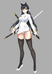 Rule 34 | 1girl, absurdres, animal ears, artist request, atago (azur lane), azur lane, black hair, breasts, brown thighhighs, buttons, double-breasted, frown, full body, gloves, grey background, high heels, highres, holding, holding sheath, holding sword, holding weapon, jacket, katana, large breasts, long hair, panties, pantyshot, sheath, shoes, simple background, skirt, solo, sword, thigh strap, thighhighs, underwear, weapon, white footwear, white gloves, white jacket, white panties, white skirt, yellow eyes