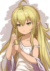 Rule 34 | 10s, 1girl, ahoge, bad id, bad pixiv id, bare shoulders, blonde hair, child, dot nose, dress, frown, granblue fantasy, green eyes, hair between eyes, highres, holding, holding own hair, long hair, looking at viewer, melissabelle, off shoulder, pointy ears, solo, strap slip, upper body, very long hair, wasabi60, white dress