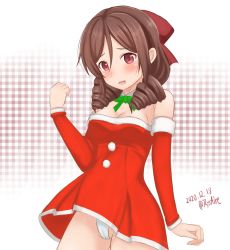 Rule 34 | 1girl, alternate costume, ame-san, bow, brown hair, cameltoe, detached sleeves, dress, drill hair, fur-trimmed dress, fur-trimmed sleeves, fur trim, hair bow, harukaze (kancolle), highres, kantai collection, long sleeves, panties, red bow, red dress, red eyes, red sleeves, santa dress, short dress, solo, strapless, strapless dress, twin drills, underwear, white panties