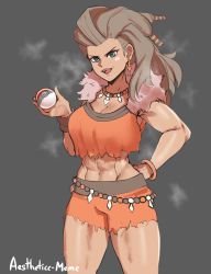 Rule 34 | 1girl, abs, absurdres, aestheticc-meme, aqua eyes, artist name, bare arms, bead bracelet, beads, bracelet, breasts, cleavage, cowboy shot, creatures (company), crop top, crop top overhang, cutoffs, earrings, fangs, fur collar, game freak, grey background, grey hair, hand on own hip, hand up, highres, holding, holding poke ball, jewelry, large breasts, long hair, looking at viewer, mature female, muscular, muscular female, navel, nintendo, non-web source, open mouth, poke ball, pokemon, pokemon sv, sada (pokemon), short shorts, shorts, signature, simple background, solo, steaming body, sweatband