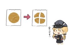 Rule 34 | 10s, 1girl, annin musou, bad id, bad twitter id, blonde hair, chibi, commentary request, eating, food, gloves, hat, holding, holding food, kantai collection, low twintails, military, military hat, military uniform, open mouth, peaked cap, pleated skirt, pointer, prinz eugen (kancolle), simple background, sketch, skirt, smile, solo, translation request, twintails, uniform, white background