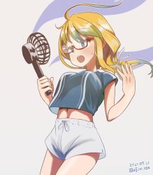 Rule 34 | 1girl, alternate costume, blonde hair, blouse, blue eyes, blue shirt, commentary request, cowboy shot, electric fan, glasses, highres, i-8 (kancolle), infini, kantai collection, long hair, low twintails, open mouth, semi-rimless eyewear, shirt, shorts, simple background, solo, standing, twintails, under-rim eyewear, white background, white shorts