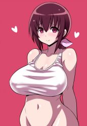 Rule 34 | 10s, 1girl, bare arms, bare shoulders, blush, bottomless, breasts, brown hair, cleavage, closed mouth, collarbone, covered erect nipples, groin, hair ribbon, heart, hoshizora ikuyo, konno tohiro, large breasts, long hair, looking at viewer, low ponytail, mature female, navel, out-of-frame censoring, pink background, pink ribbon, precure, purple eyes, ribbon, sidelocks, smile, smile precure!, solo, sports bra, stomach