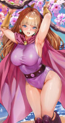 Rule 34 | 1girl, armpits, arms up, blunt bangs, blurry, blurry background, blush, breasts, brown hair, cape, commentary request, commission, covered navel, earrings, flower, highleg, highleg swimsuit, highres, jewelry, large breasts, long hair, looking at viewer, ocean, one-piece swimsuit, open mouth, original, outdoors, pink cape, pixiv commission, purple one-piece swimsuit, solo, standing, swimsuit, teeth, thighs, toyoman, upper teeth only, water
