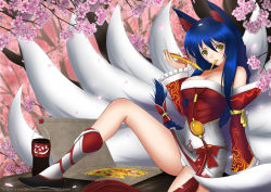 Rule 34 | 1girl, ahri (league of legends), animal ears, bare shoulders, blue hair, blush, bottle, braid, breasts, cherry blossoms, cleavage, coca-cola, detached sleeves, eating, food, fox ears, fox tail, impossible clothes, large breasts, league of legends, long hair, multiple tails, panties, pantyshot, pizza, product placement, sitting, soda, solo, tail, tonnelee, underwear, watermark, web address, white panties, yellow eyes