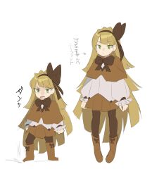 Rule 34 | 1girl, boots, bow, bowtie, brown bow, brown bowtie, brown hairband, brown pantyhose, capelet, hair bow, hairband, highres, lobotomy corporation, long hair, long sleeves, mu46016419, multiple views, orange capelet, orange footwear, orange skirt, pantyhose, parted lips, project moon, puffy long sleeves, puffy sleeves, shirt, sidelocks, simple background, skirt, tiphereth a (project moon), very long hair, white background, white shirt