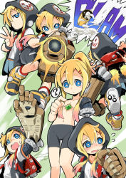 Rule 34 | 1girl, ?, amputee, arm cannon, arm up, backpack, bag, bike shorts, black jacket, black shorts, blonde hair, blouse, blue eyes, blush, bright pupils, collarbone, firing at viewer, flying sweatdrops, gem, gradient hair, hair between eyes, hair censor, hair ornament, hairclip, hood, hood up, hooded jacket, io naomichi, jacket, long hair, mechanical arms, motion lines, multicolored hair, navel, nose blush, open clothes, open jacket, original, pink hair, ponytail, shirt, shorts, single mechanical arm, smoke, solo, stomach, sweatdrop, teeth, thigh gap, topless, v, weapon, white pupils, white shirt, wristband