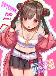 Rule 34 | 1girl, bare shoulders, belt, blush, breasts, brown hair, buckle, chain, chain, character name, cleavage, coat, collar, double bun, english text, gold chain, heart, highres, idolmaster, idolmaster shiny colors, lock, looking at viewer, medium breasts, midriff, miniskirt, navel, off shoulder, open mouth, red eyes, short twintails, skirt, solo, sonoda chiyoko, strapless, tamayume, tube top, twintails, undressing